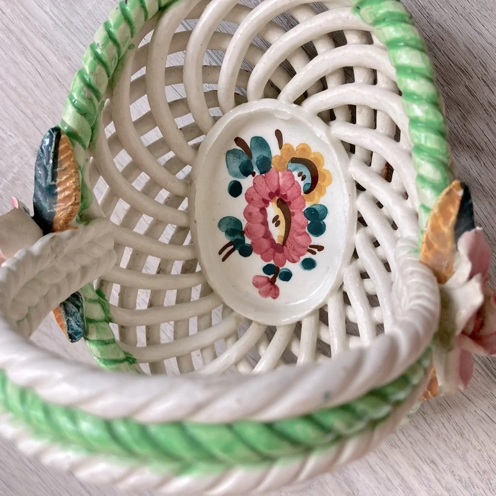Porcelain Woven Basket Accent Decor Rose and Flowers Cottagecore Vintage Dainty
