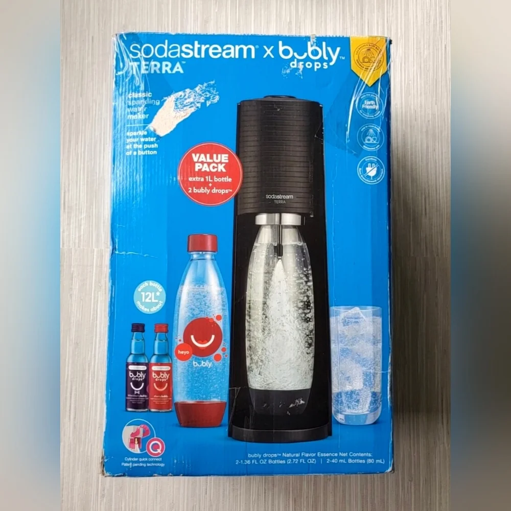 SodaStream X Bubly Drops Terra Sparkling Water Carbonating Soda Kit Black