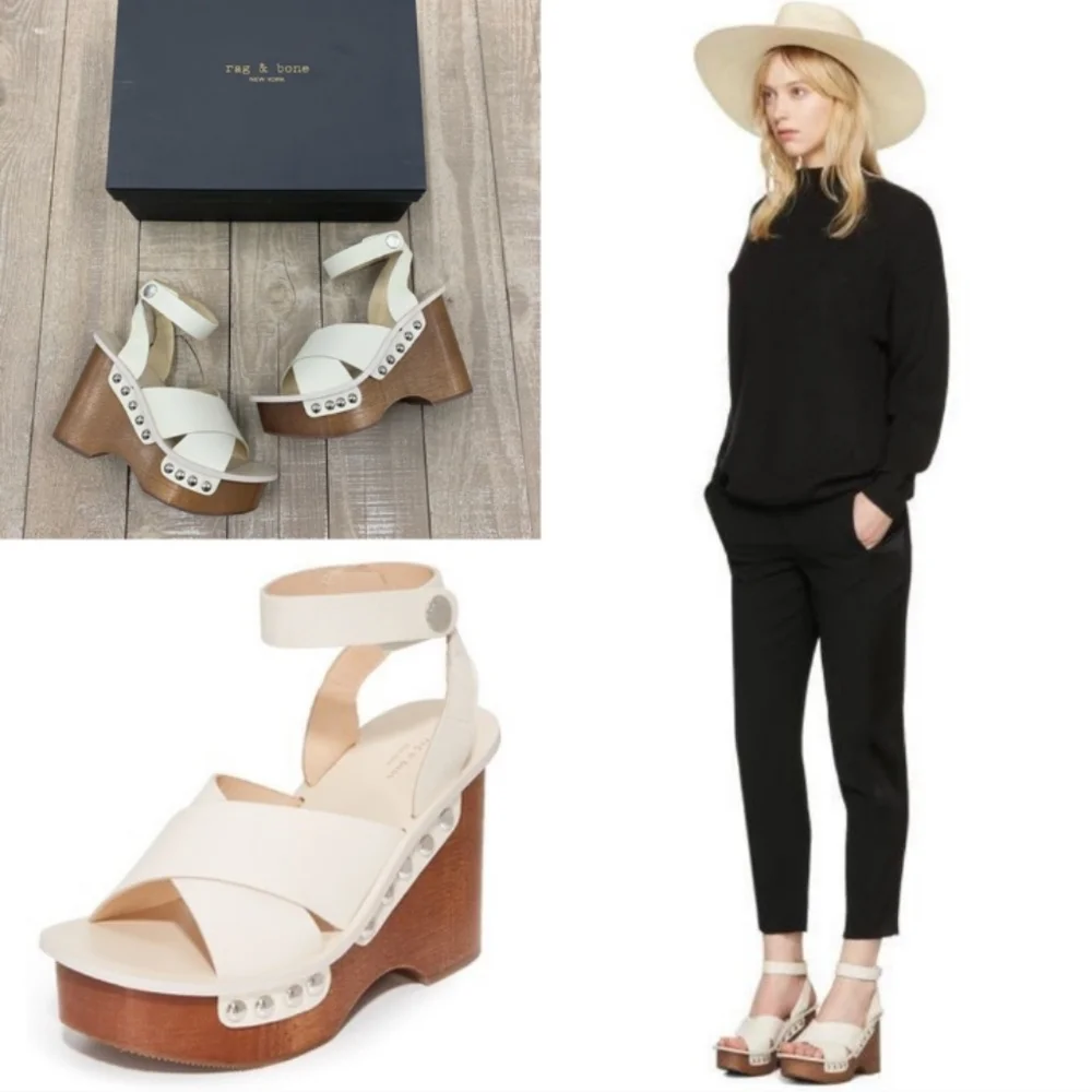 NIB Rag & Bone Hester White Leather & Wood Studded Platform Wedge Sandals Sz 9