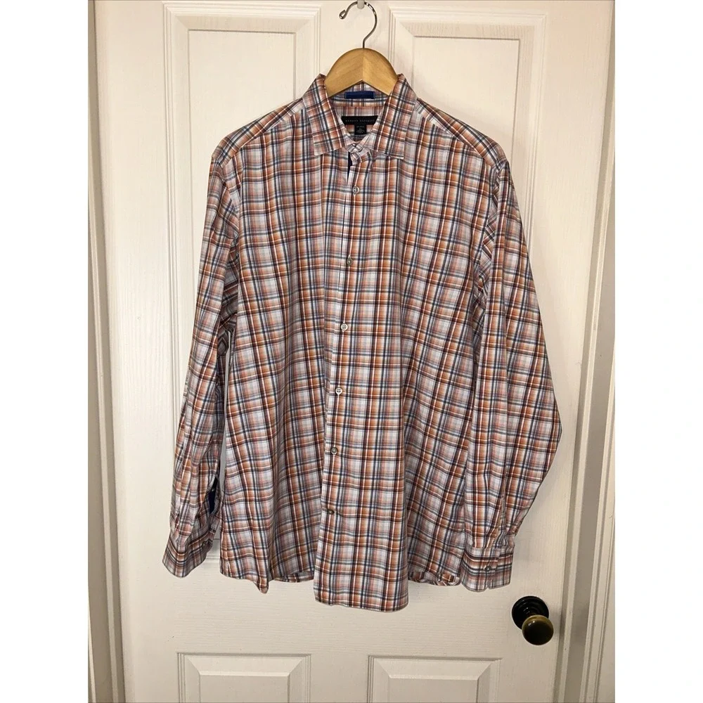 Banana Republic men's‎ XL Shirt orange gray white plaid long sleeve