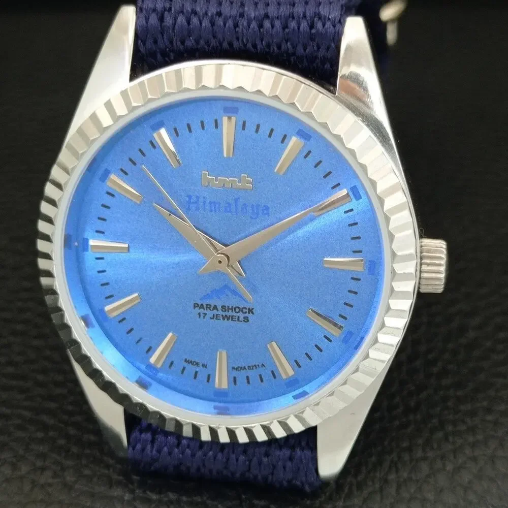 Vintage 1982 HMT Manual Wound Mens Silver Watch & Blue accents