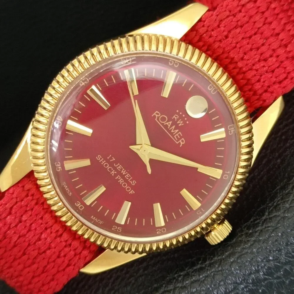 Vintage 1977 Roamer Manual Mens Gold Watch W/Nato Strap & Red accents