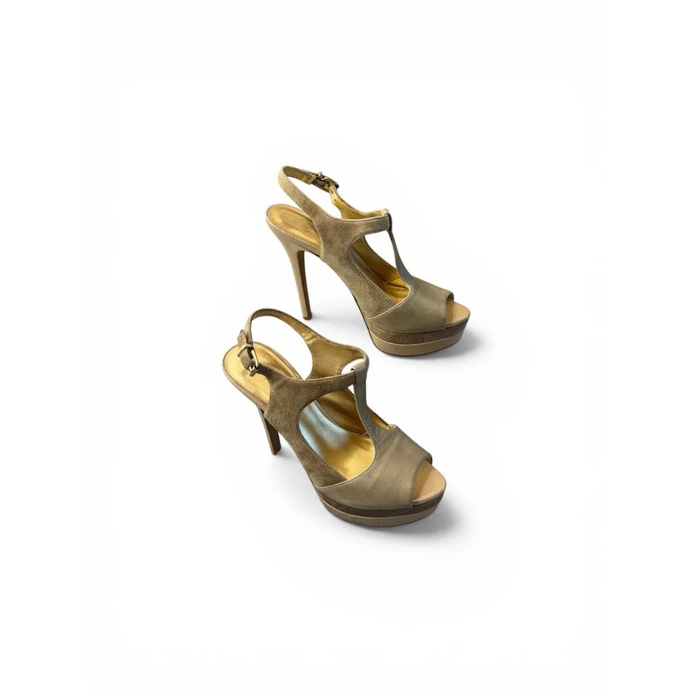 Jessica Simpson Tan Gold Suede Patent Platform T-Strap Peep Toe Heels 7.5B