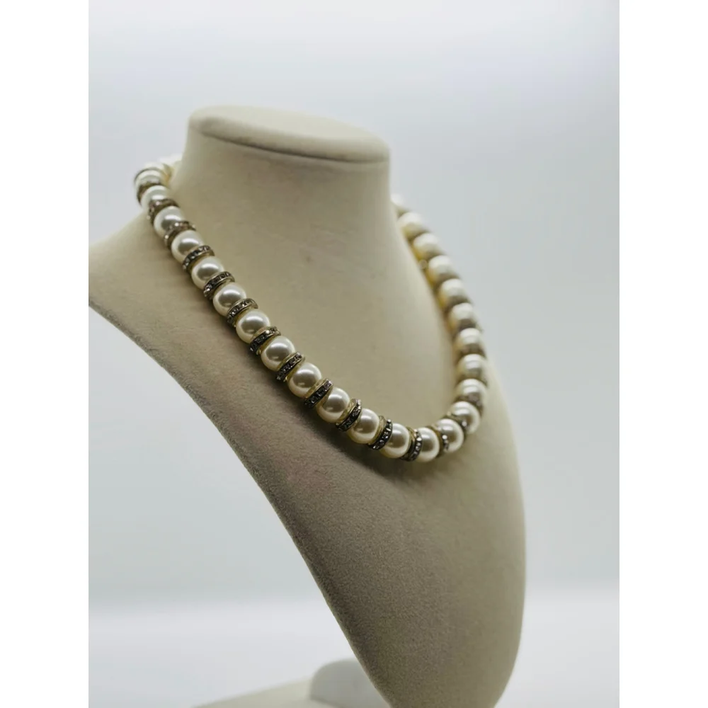 Vtg 90s Glass Faux‎ Pearl And Rhinestone Necklace 15