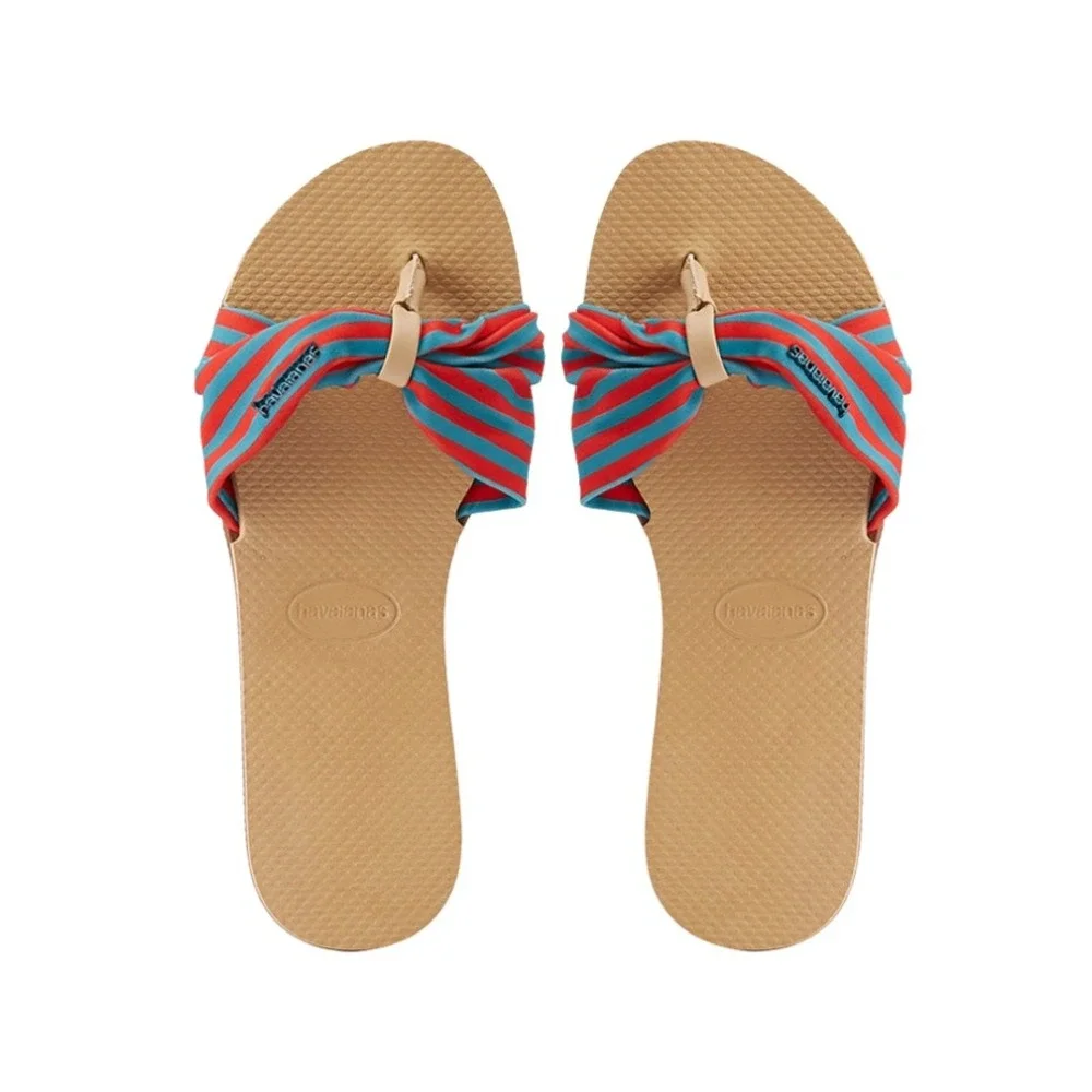 Havaianas Saint Tropez Striped Bow Slide Sandals Red Blue Coastal Resort 11/12