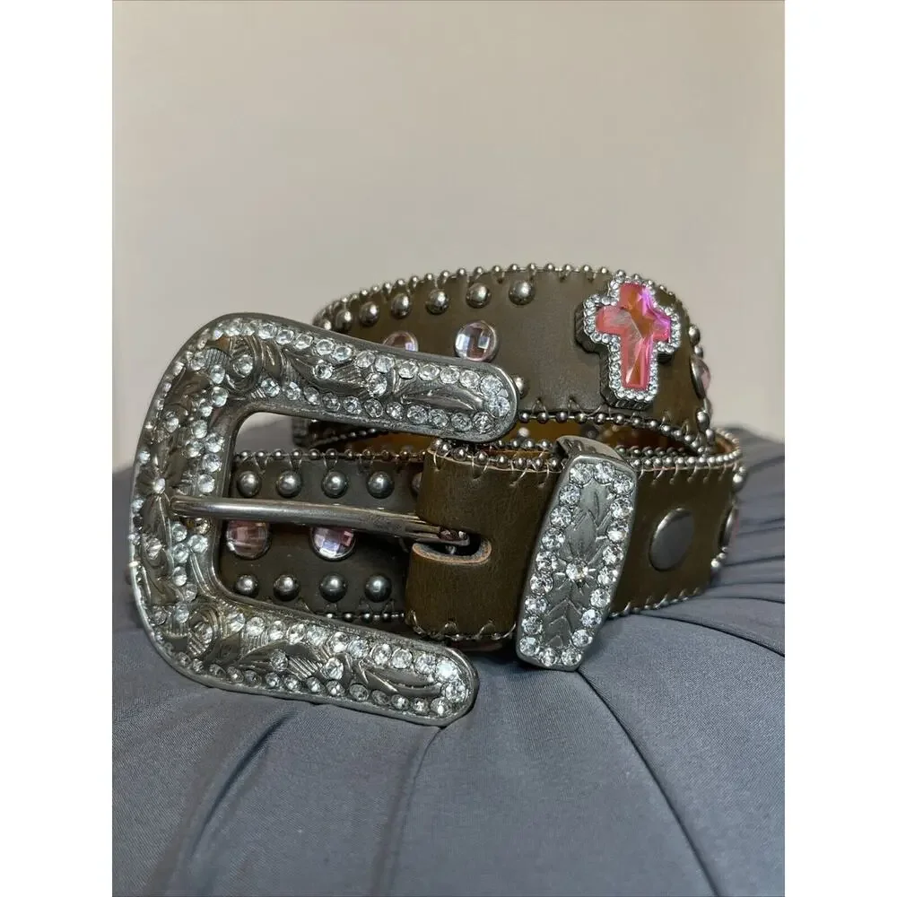 Nocona Children’s Medium Brown Leather Pink Cross Crystal Belt Size 22