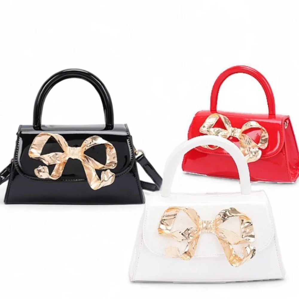 Vegan Patent Leather Gold Bow Top Handle Bag - Red, Black, White
