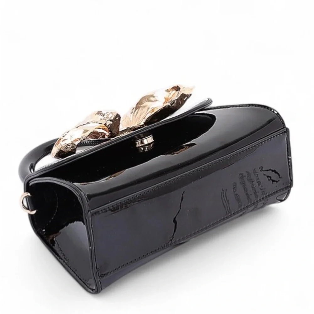 Vegan Patent Leather Gold Bow Top Handle Bag - Red, Black, White