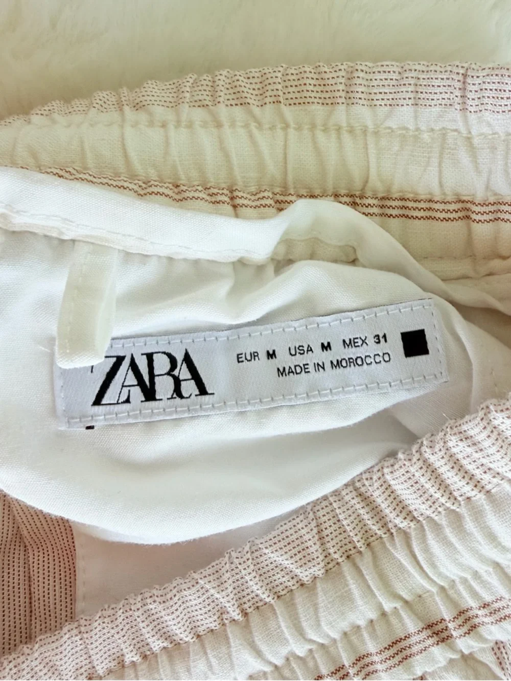 Zara Linen Blend Striped Pants Size M Beige Cream Drawstring Boho Beach