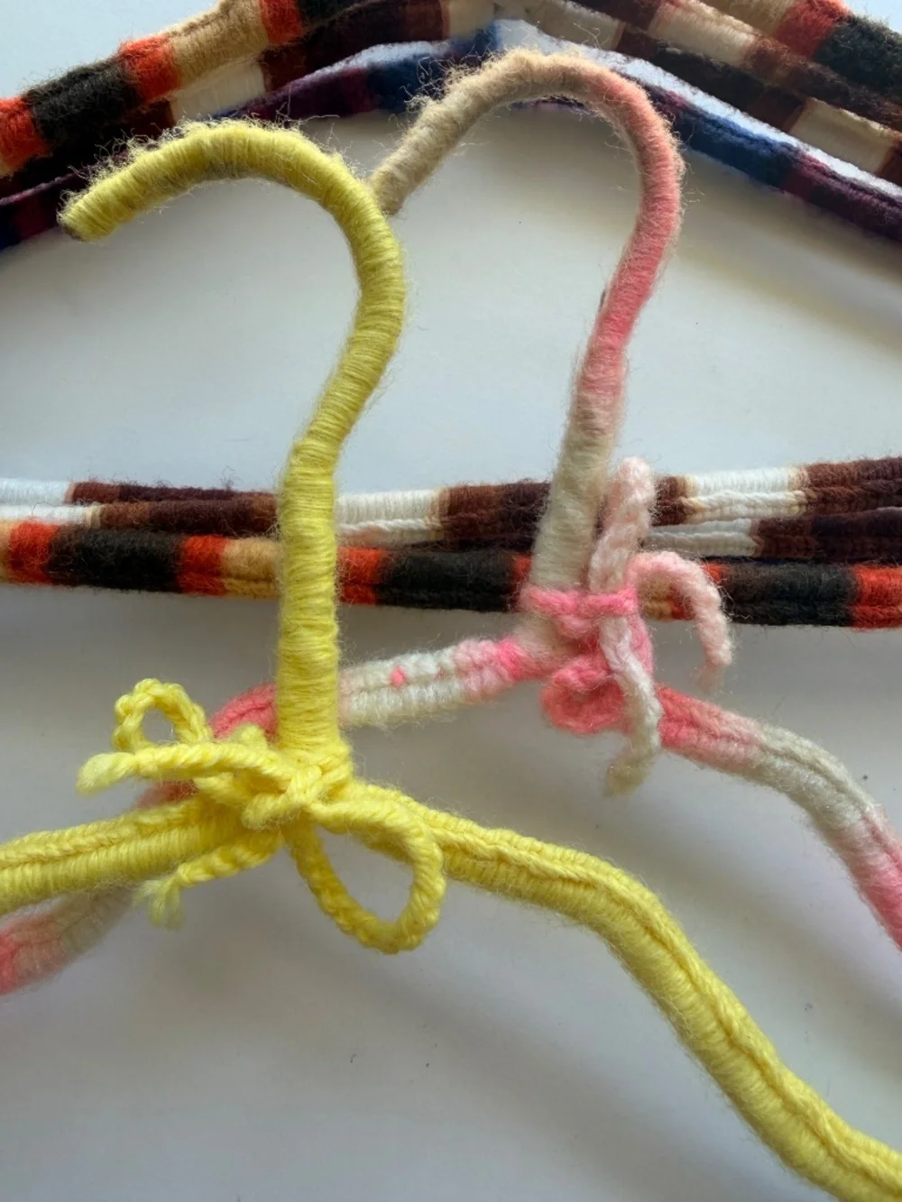 Vintage Yarn Wrapped Set of Eight Multicolor Non Slip Slim Wire Clothes Hangers