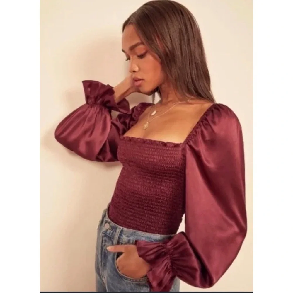 Reformation Burgundy 100% Silk Smocked Long Sleeve Square Neck Chamomile Top S