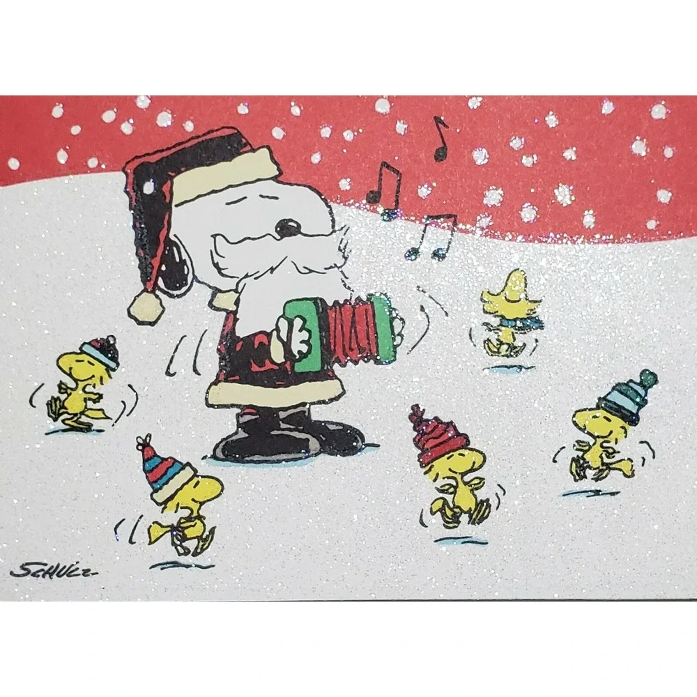 Pkg of 10 Hallmark Snoopy & Woodstock Music Glitter Blank Christmas Notecards