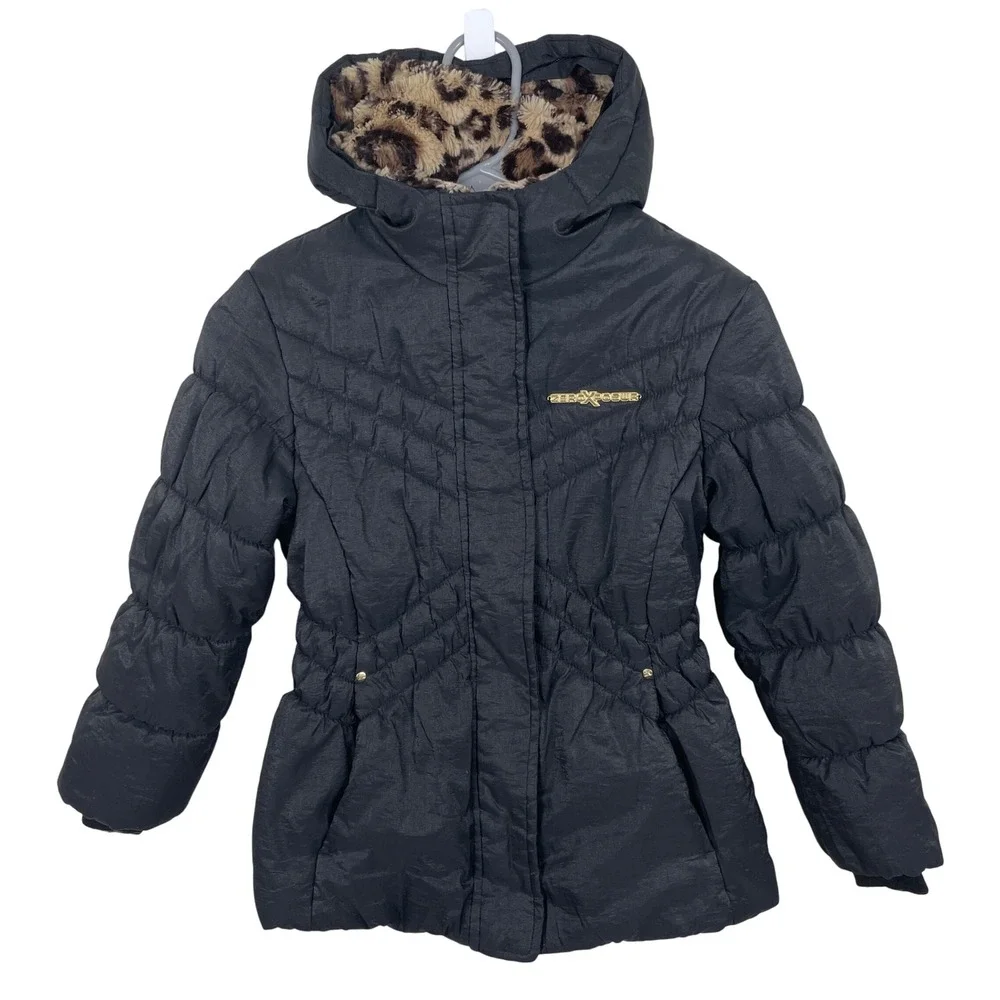 Zero Xposur Girls Black Puffer Jacket Hooded Leopard Trim‎ Coat - S