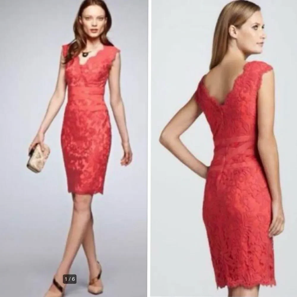 Tadashi Shoji Paillette Lace Double V-Neckline Cocktail Dress Coral / Coral Sz 6