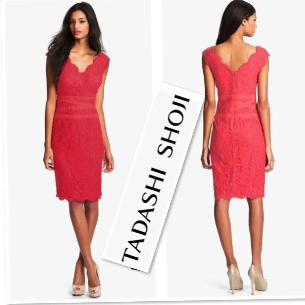 Tadashi Shoji Paillette Lace Double V-Neckline Cocktail Dress Coral / Coral Sz 6