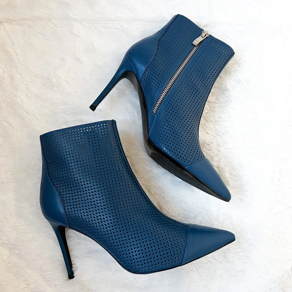 $599 Loriblu Perforated Blue Leather Ankle Boots Booties High Heel Pointy Toe 40