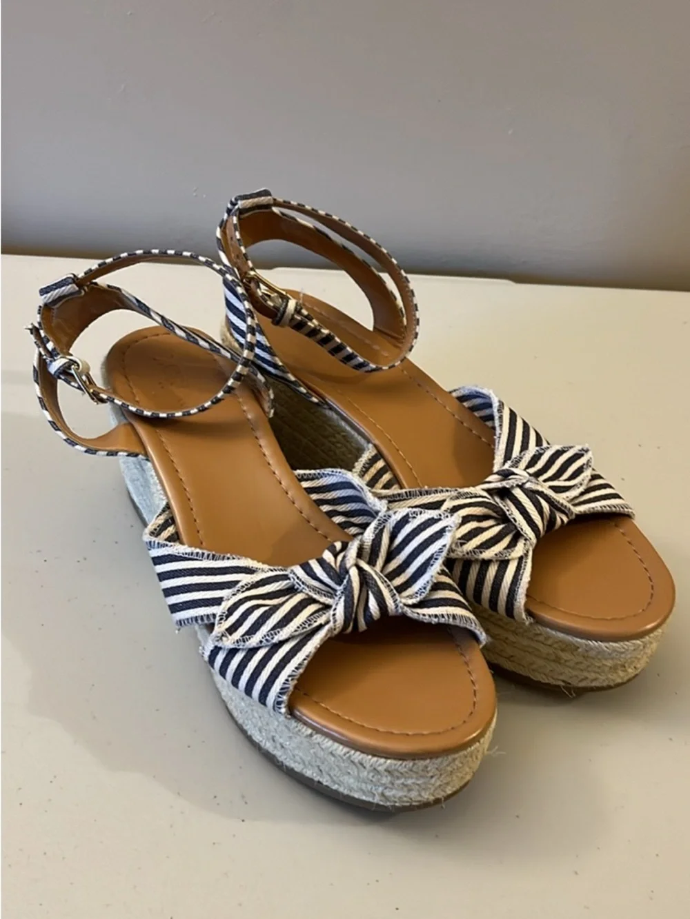 J. Crew Navy and White Striped Bow Espadrille Sandals