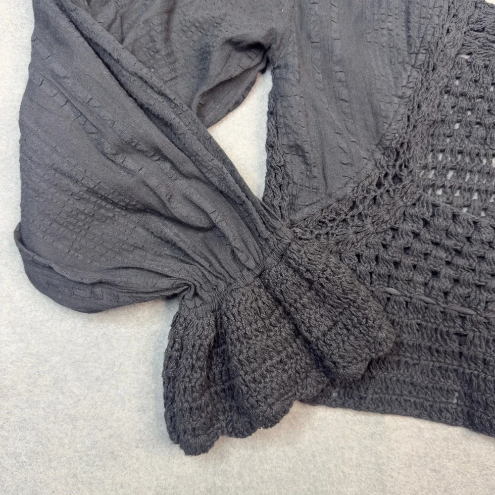 Free People Black Crochet Knit Long Sleeve Boho Crop Top Open Back Small