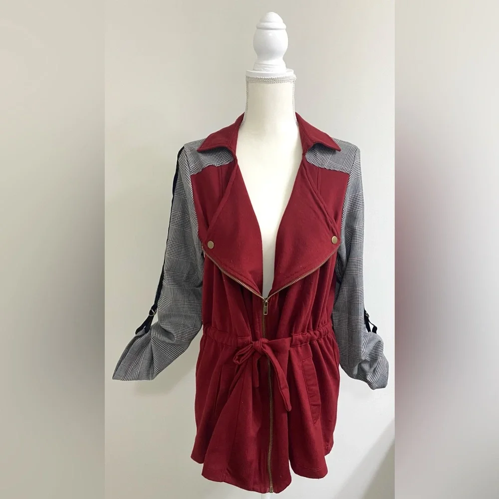 Tru Self Womens L Burgundy Black Herringbone Zip-Front Jacket Y2K Streetwear