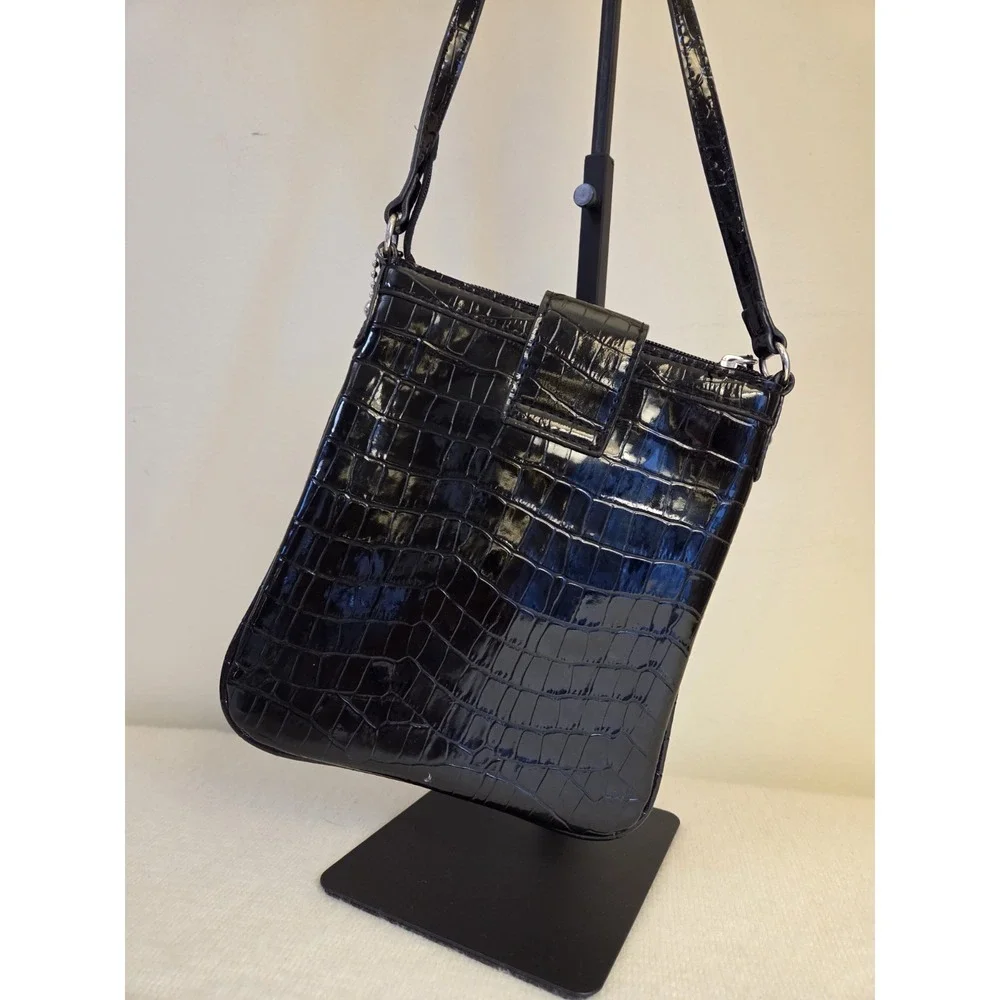 Vintage Y2K Guess Western Croc Big G Silver Studded Patent Black Crossbody Purse