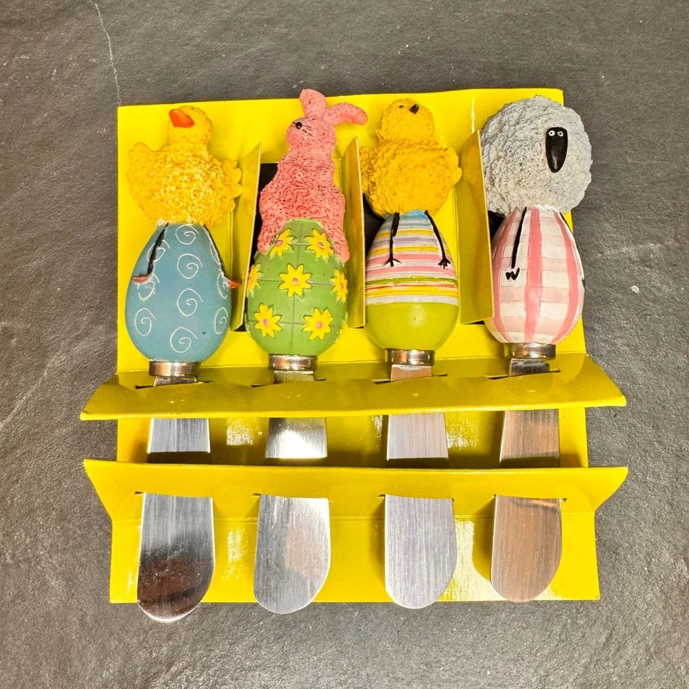 New 90s Boston Warehouse Easter Egg Chick Bunny‎ Sheep Cheese Knife Set Spring
