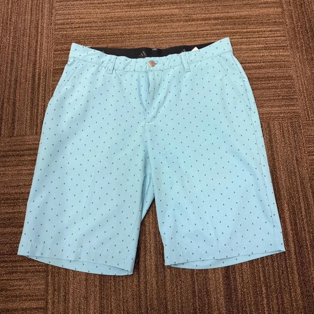 Adidas Light Blue Men's Flat Front Gold Shorts with Speckled Navy Blue Dots