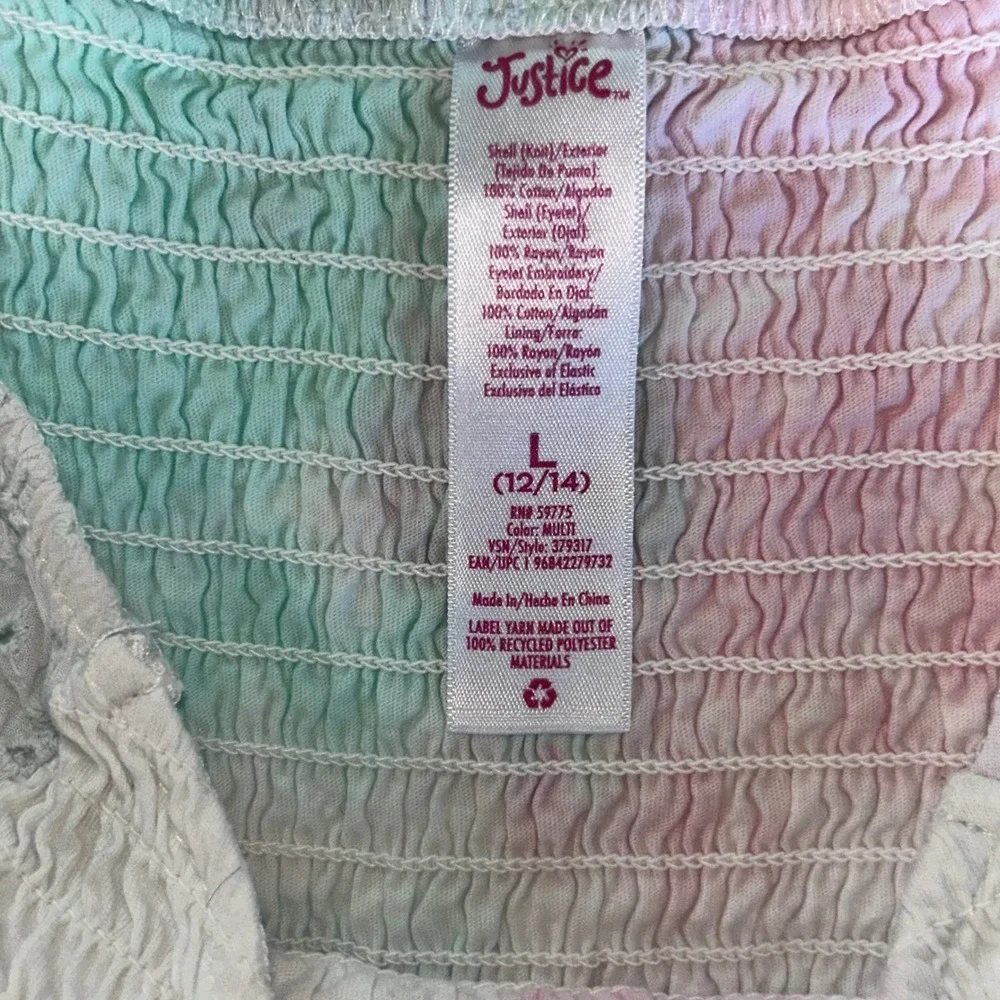 Justice Girls Tie Dye Smocked Eyelet Top Pastel Pink Blue Green Size 12/14
