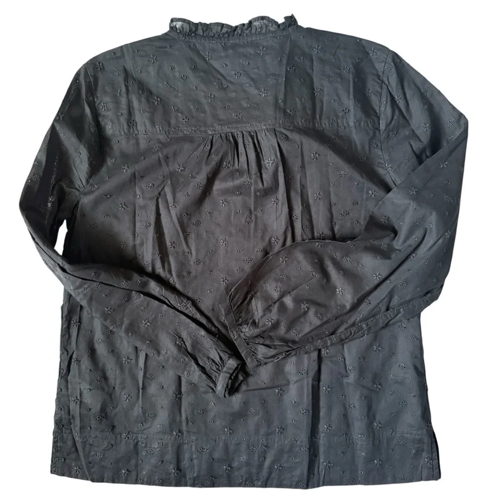 J.Crew Ruffle Eyelet Long Sleeve Shirt Black Cotton Small