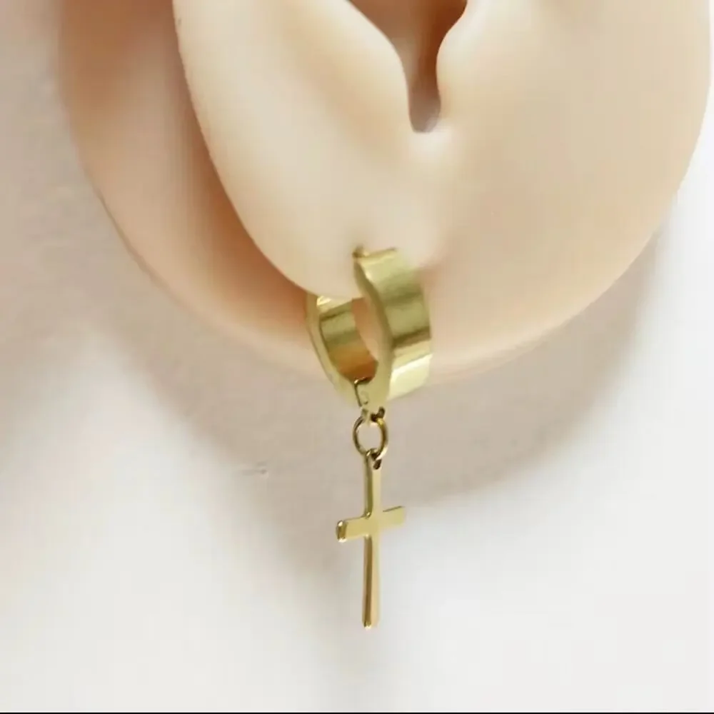 Gold Huggie Hoop Earrings with Cross Charm