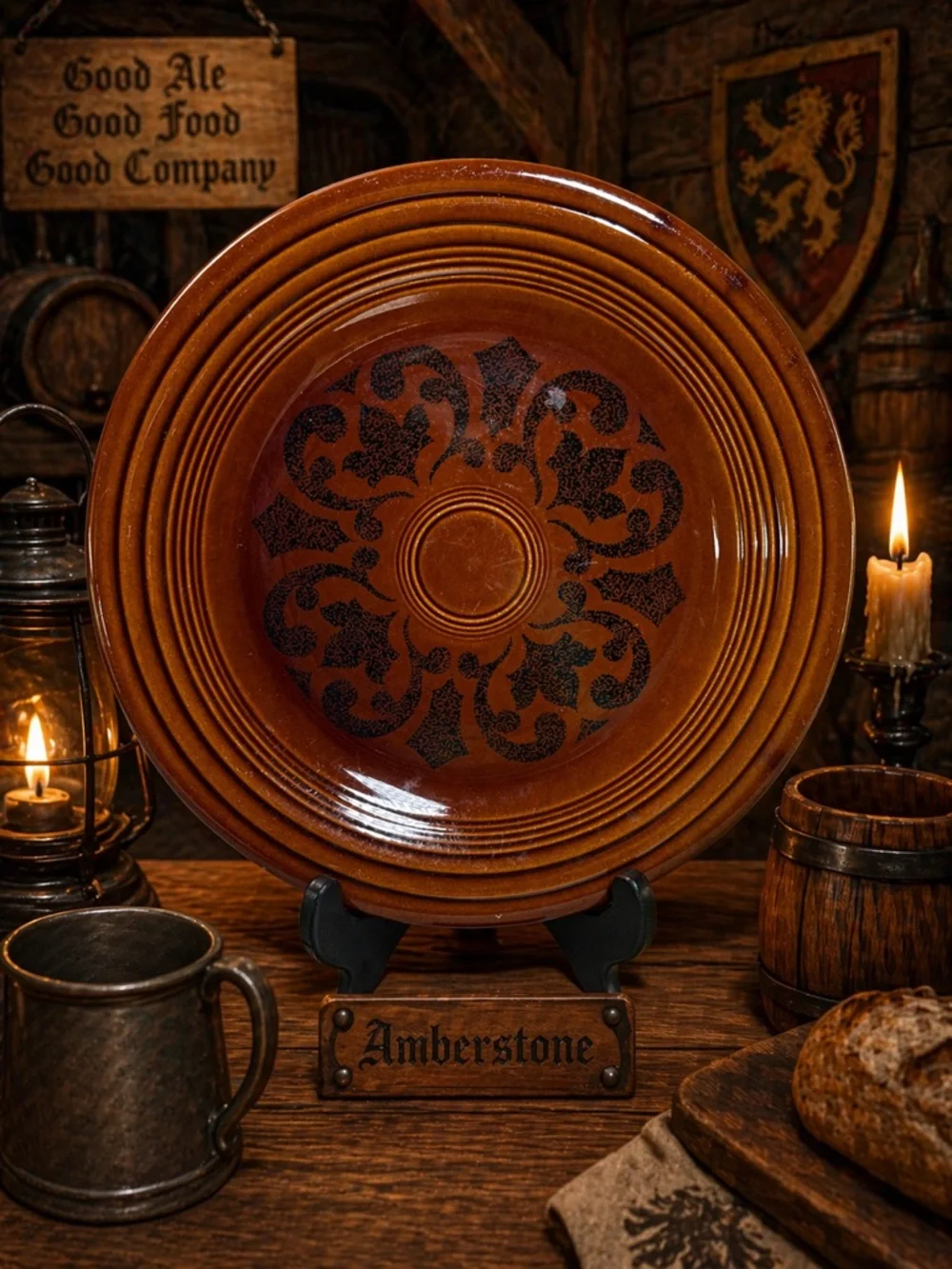 Fiestaware Amberstone Brown Decorative Dinner Plate with Dark Scroll Motif