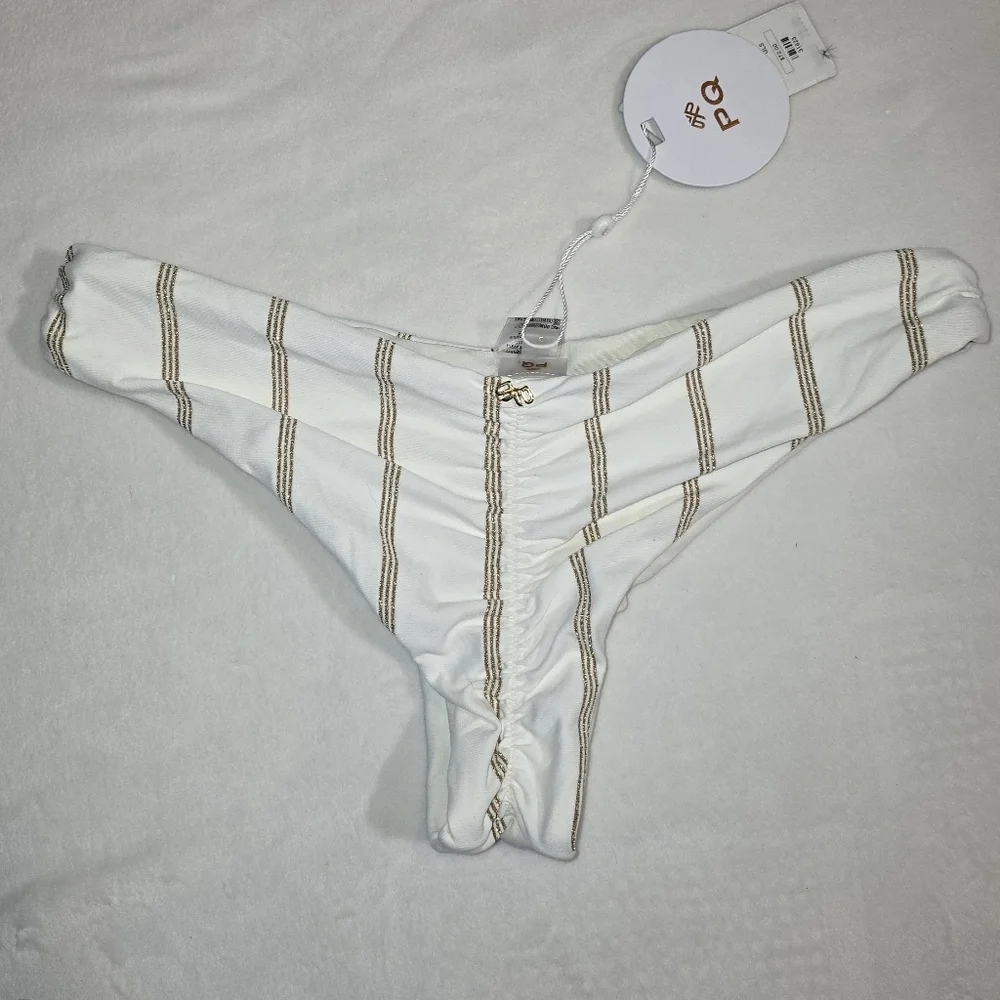 PQ Swim Golden Stripe Basic Ruched Bottom Teeny Size Small Cheeky Cut Bikini