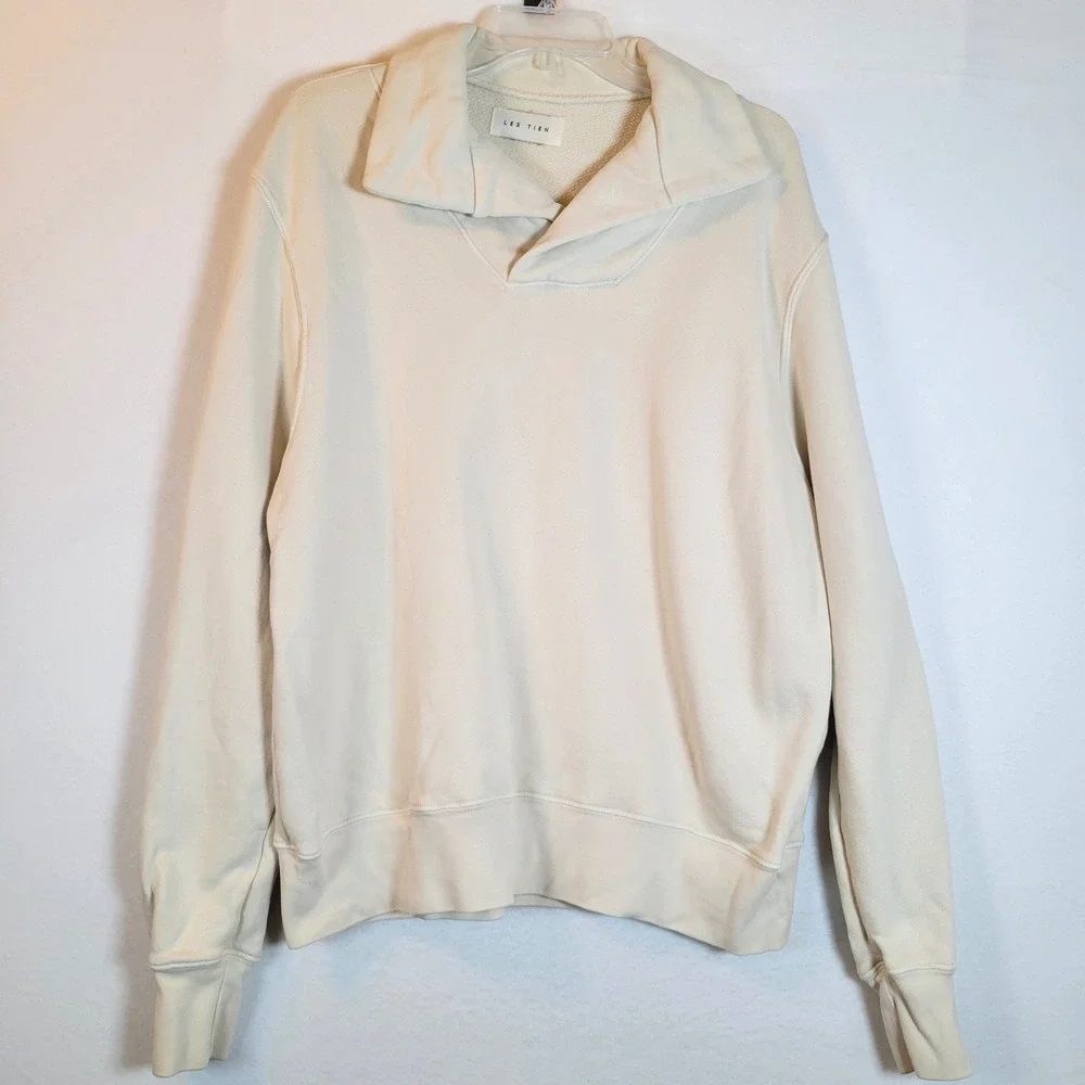 Les Tien Mens Pullover Fleece Cotton Pullover Sweater Size Large White Preppy