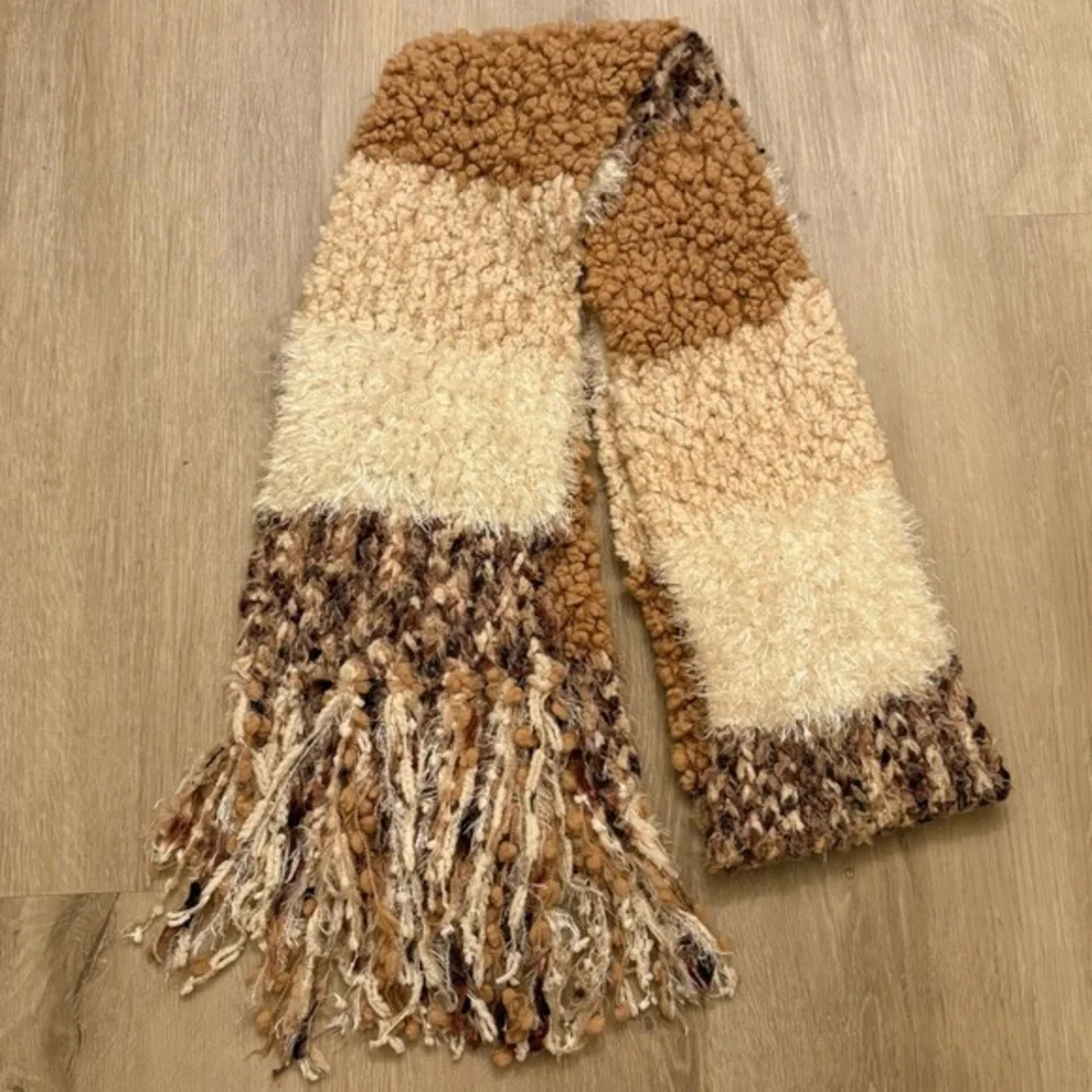 Cejon Brown Beige Textured Knit Fringe Winter Scarf Cozy