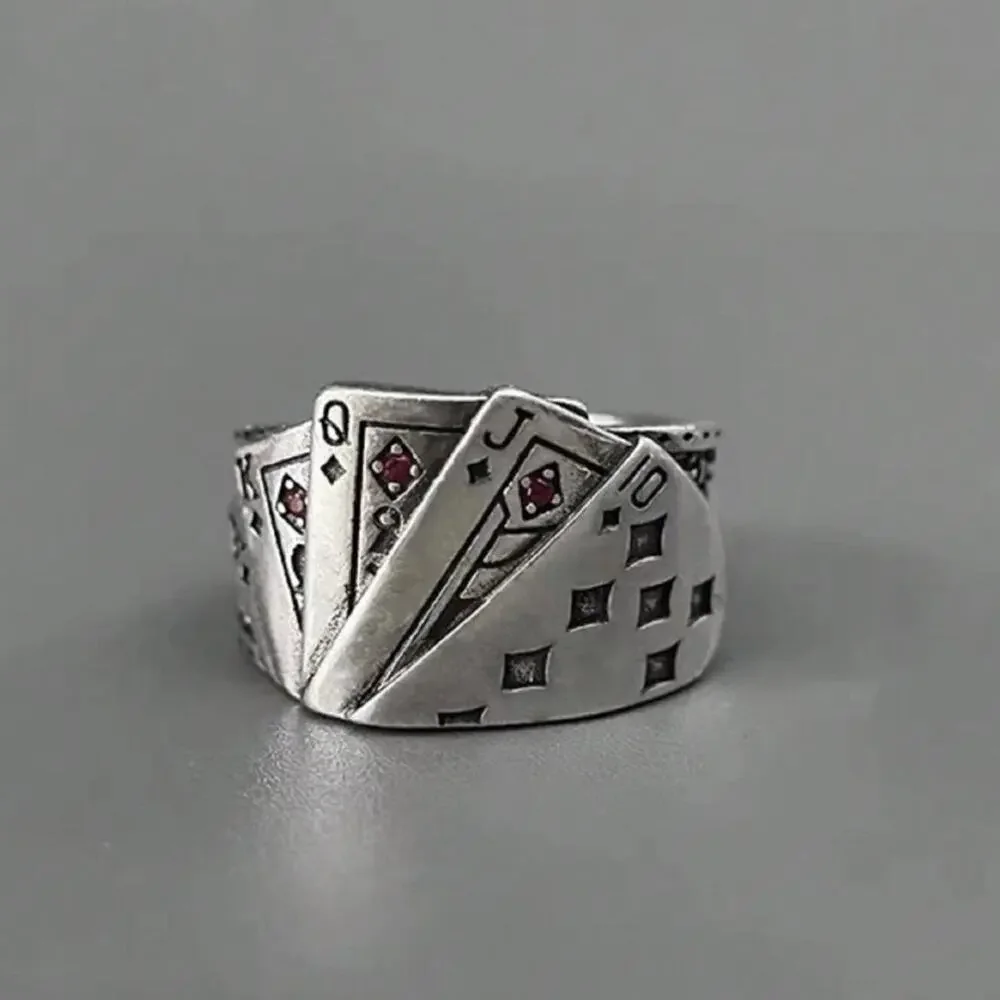 Y2K Deck of Cards Silver Ring – Adjustable Chrome Vintage Style, Unisex, New