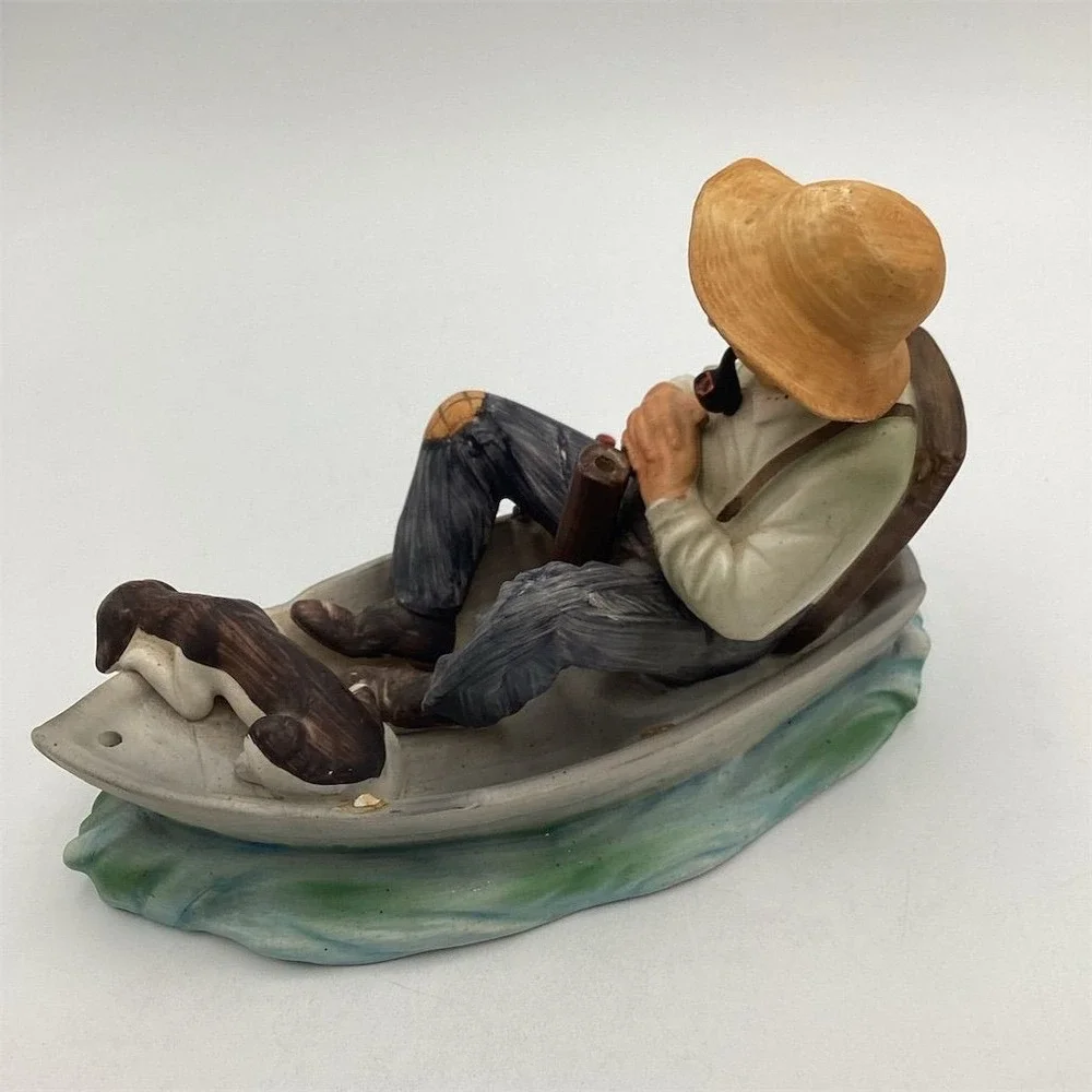 Vintage Ceramic Sleeping Fisherman with Dog‎ Figurine Nautical Decor