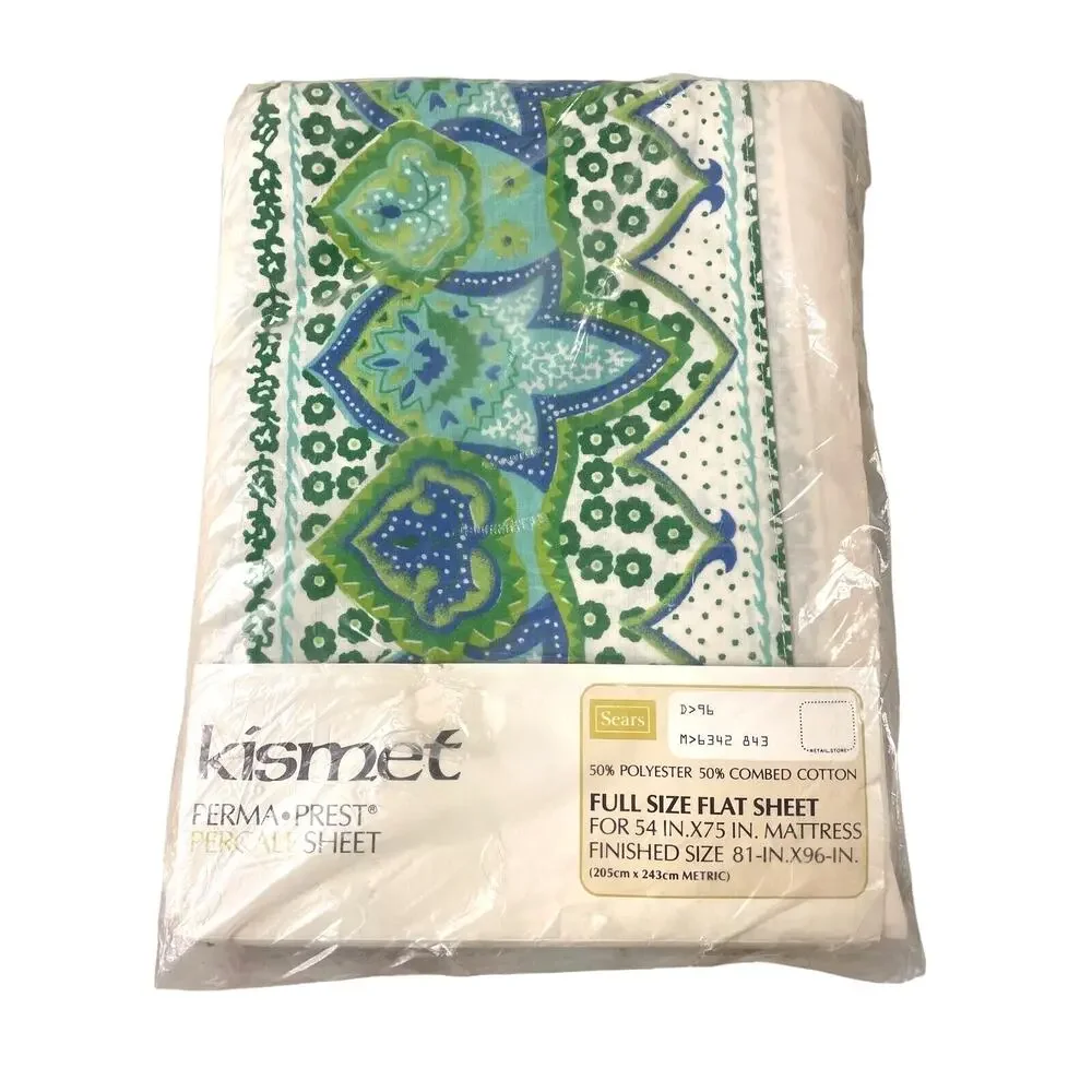 Vintage Sears Kismet Sheet Set – 2 Full Flat & Fitted NOS Beige Green Blue MCM