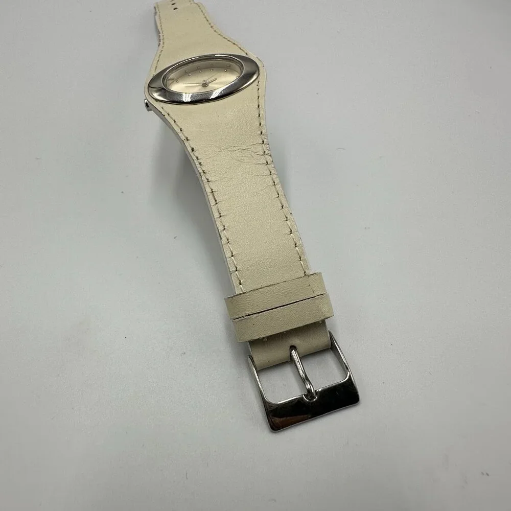 3/$30 Anne Klein Watch Women Silver Tone Cream Leather Band New Battery 8.5