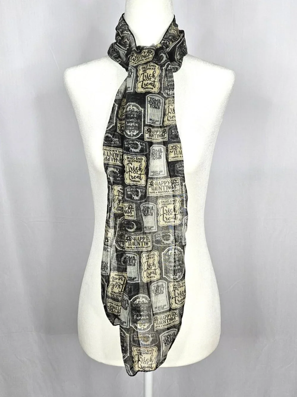 Halloween Scarf | Gothic Tombstone Print | Black Grey Cream | One Size