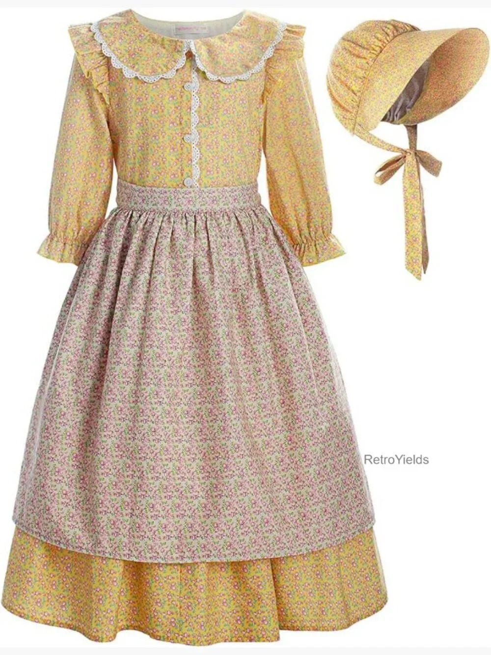 Girls Pioneer Costume Colonial Prairie Dress with Bonnet Apron