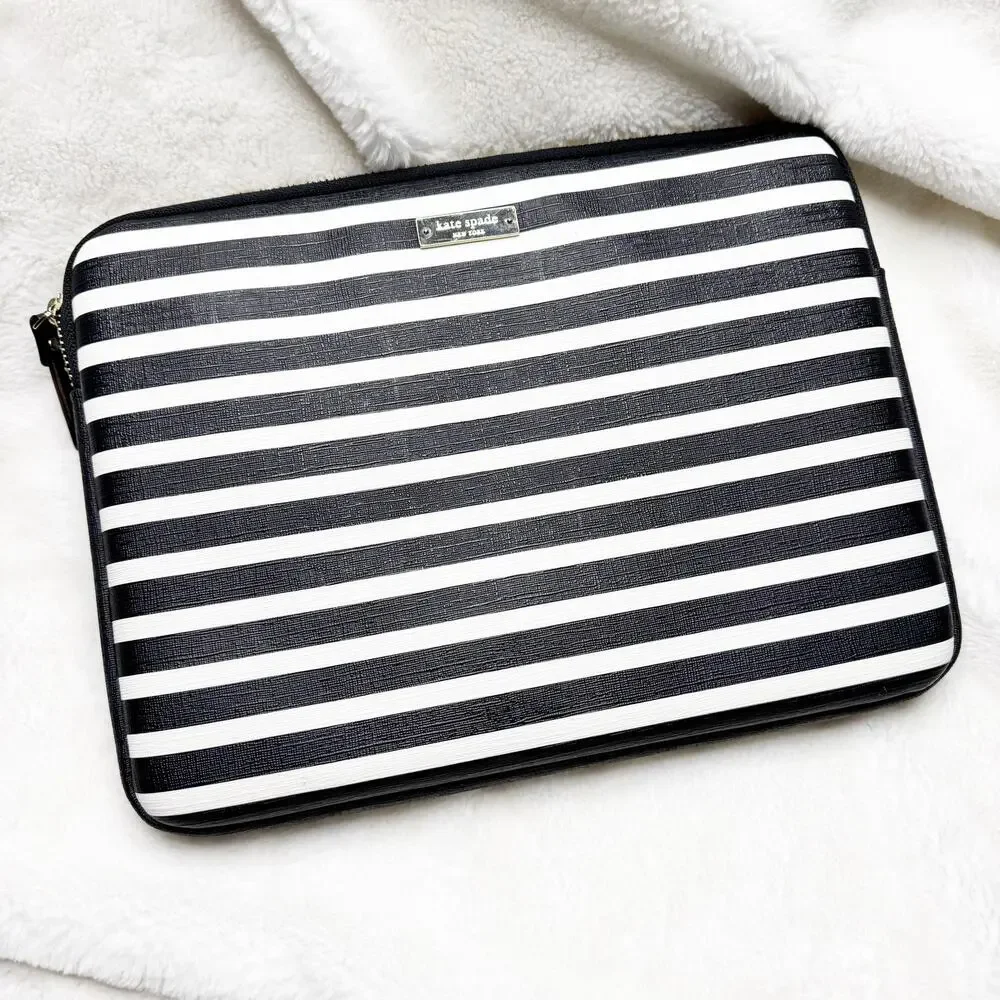 KATE SPADE New York Black & White Stripe Padded iPad Tablet Zip Case