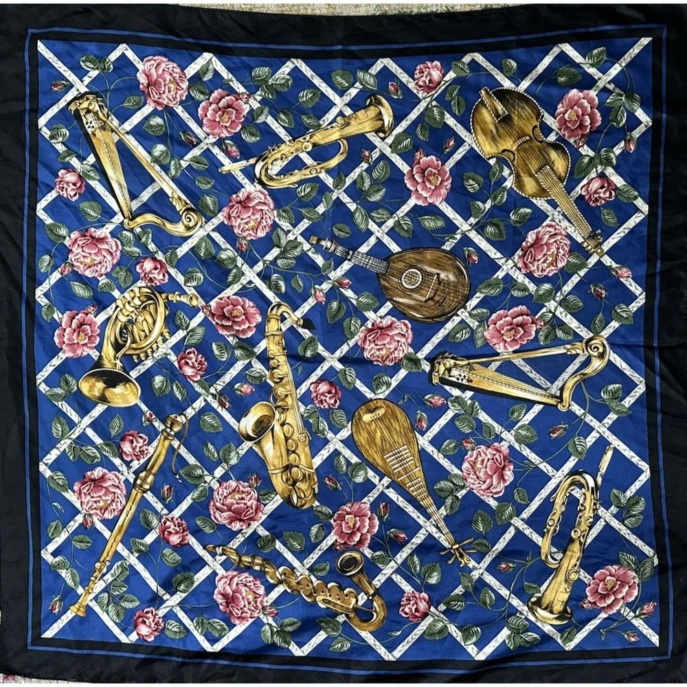 1980s Boston Museum of Fine Arts MFA Musical Instruments Floral Silk Scarf 34x34