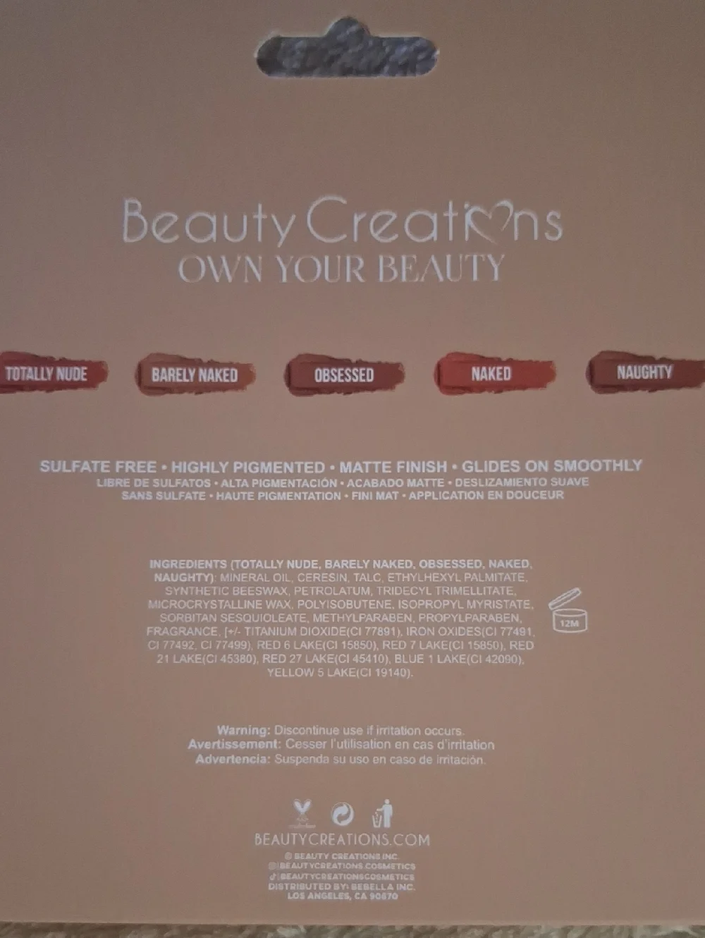 Beauty Creations Bare Five Matte Lipstick Set - Nude & Peach Shades NWT