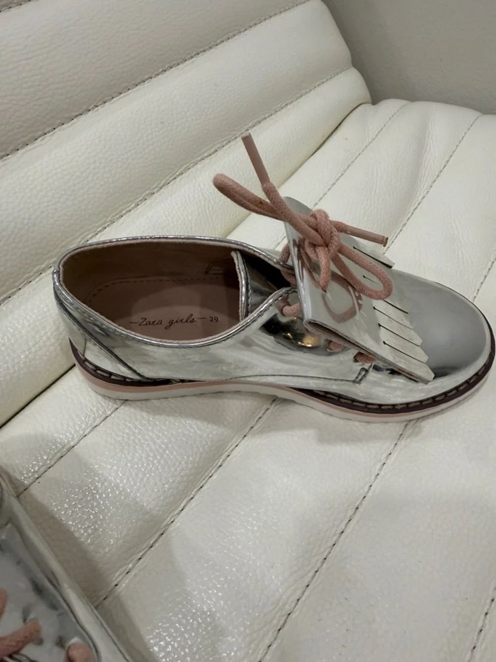 Zara Metallic Silver Girls' Fringe Lace-Up Moccasins with Pink Laces