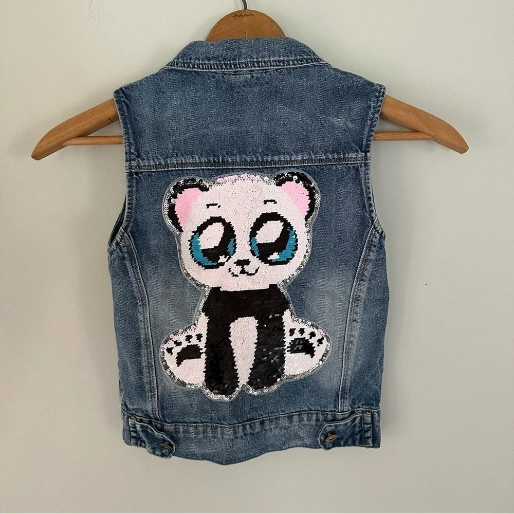 Sequin Panda Denim Vest Girls Size Small