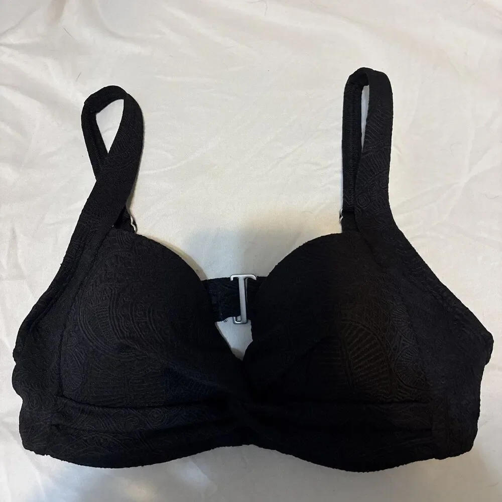 Lands End Black Paisley Textured Twist Underwire Bikini Top Women's Size 4 Swim