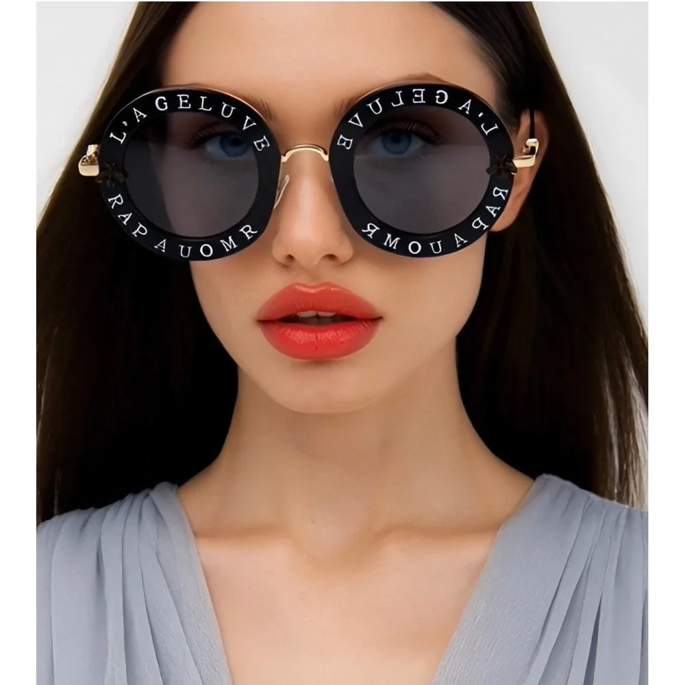 Luxury Round Oversized Sunglasses‎ Black Gold Designer Style Women Shades Trendy