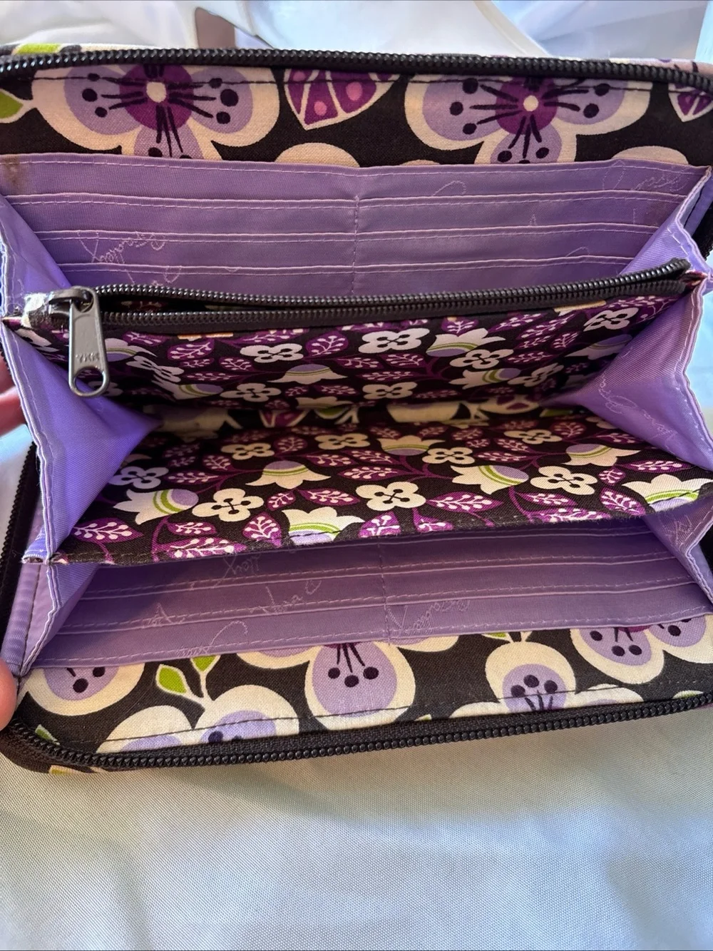 Vera Bradley Purple Floral Quilted Zip Phone Wallet with Green Accents
