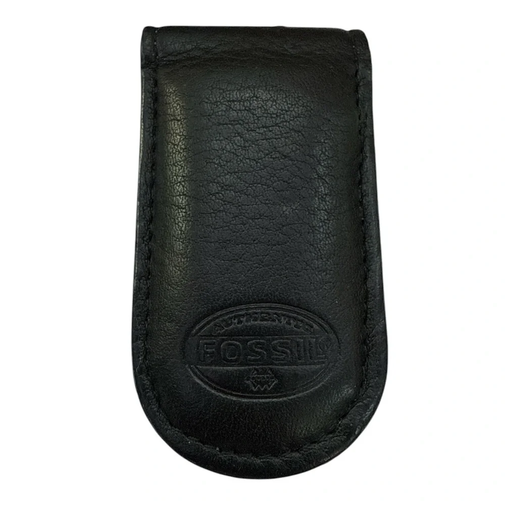 Fossil vintage black leather money clip genuine leather magnetic close retro y2k