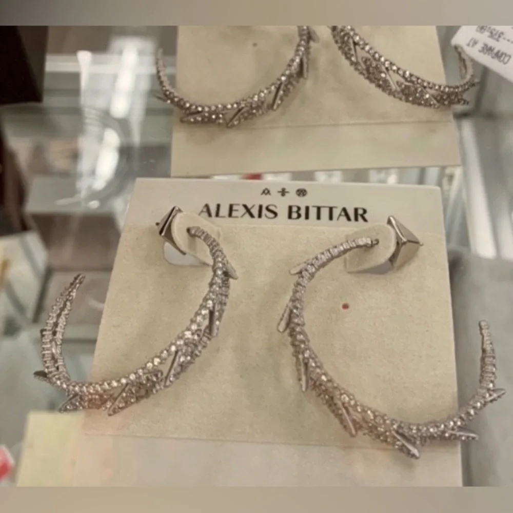 ALEXIS BITTAR • Edgy Crystal Encrusted Spiked Lattice Silver Hoop Earrings