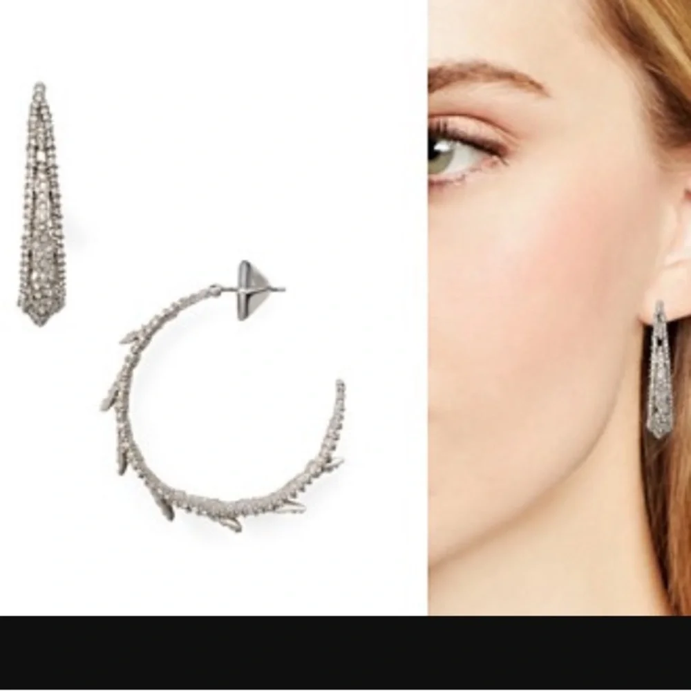 ALEXIS BITTAR • Edgy Crystal Encrusted Spiked Lattice Silver Hoop Earrings